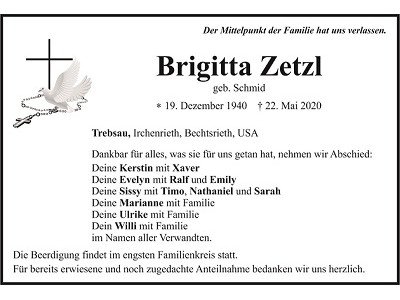 Traueranzeige Brigitta Zetzl Trebsau 400x300