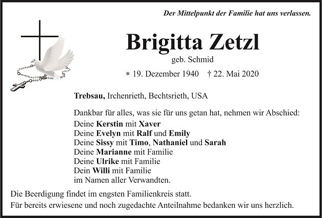 Traueranzeige Brigitta Zetzl Trebsau