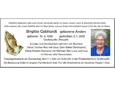 Traueranzeige Brigitte Gebhardt, Grafenwöhr Pressath 400 300