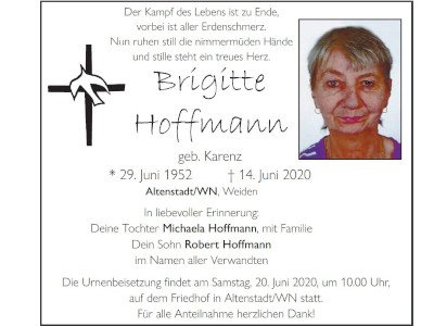 Traueranzeige Brigitte Hoffmann, Altenstadt Weiden 400 300