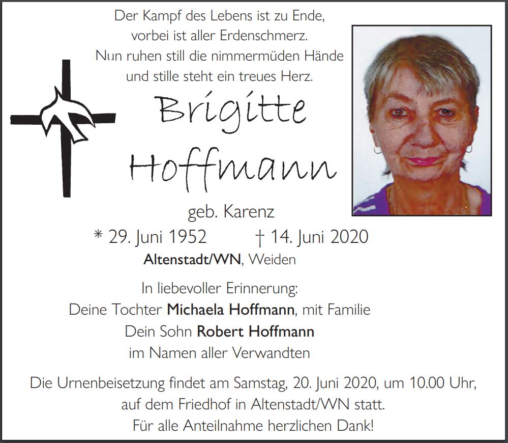 Traueranzeige Brigitte Hoffmann, Altenstadt Weiden