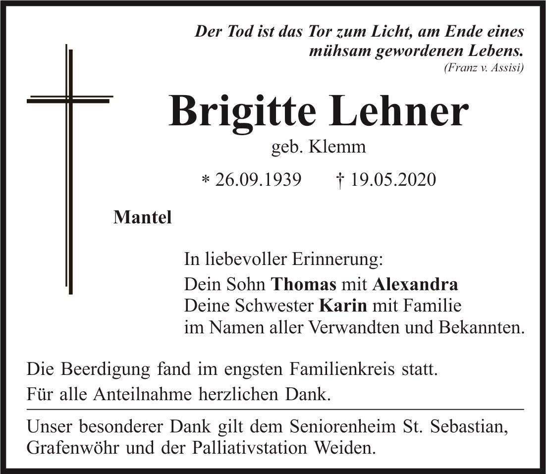 Traueranzeige Brigitte Lehner