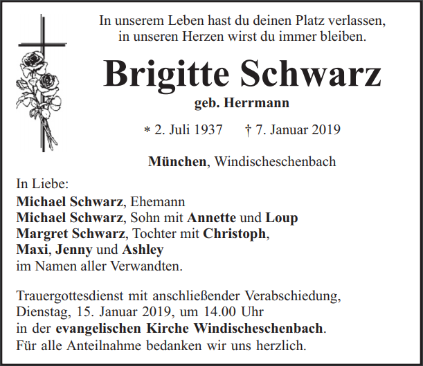Traueranzeige Brigitte Schwarz Windischeschenbach