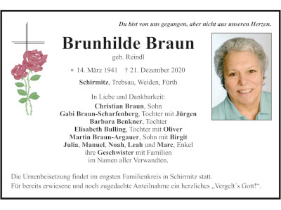 Traueranzeige Brunhilde Braun, Schirmitz 400x300