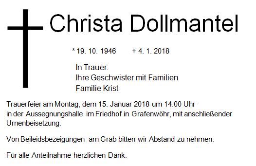 Traueranzeige Christa Dollmantel Grafenwöhr
