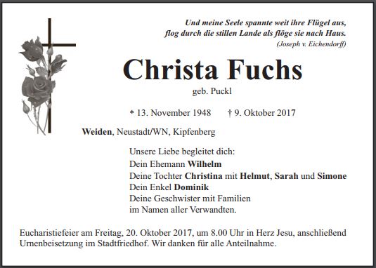 Traueranzeige Christa Fuchs Weiden