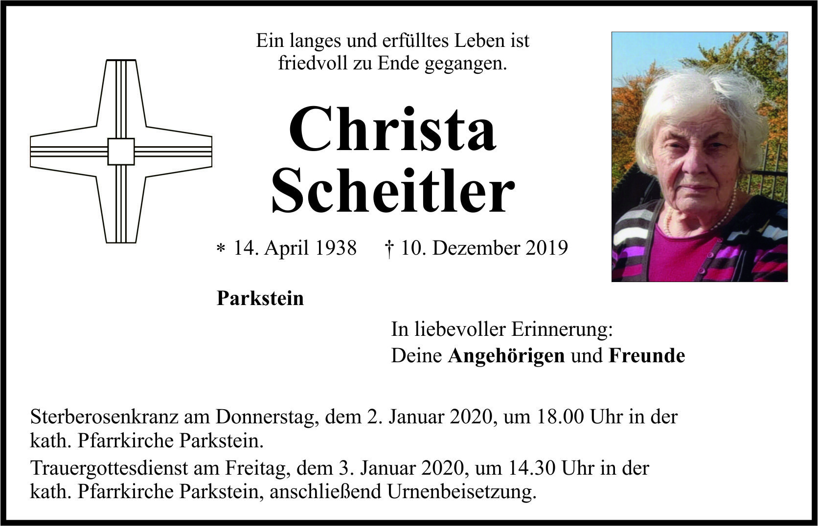 Traueranzeige Christa Scheitler, Parkstein