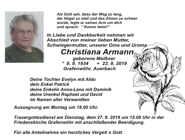 Traueranzeige Christiana Armann Grafenwöhr