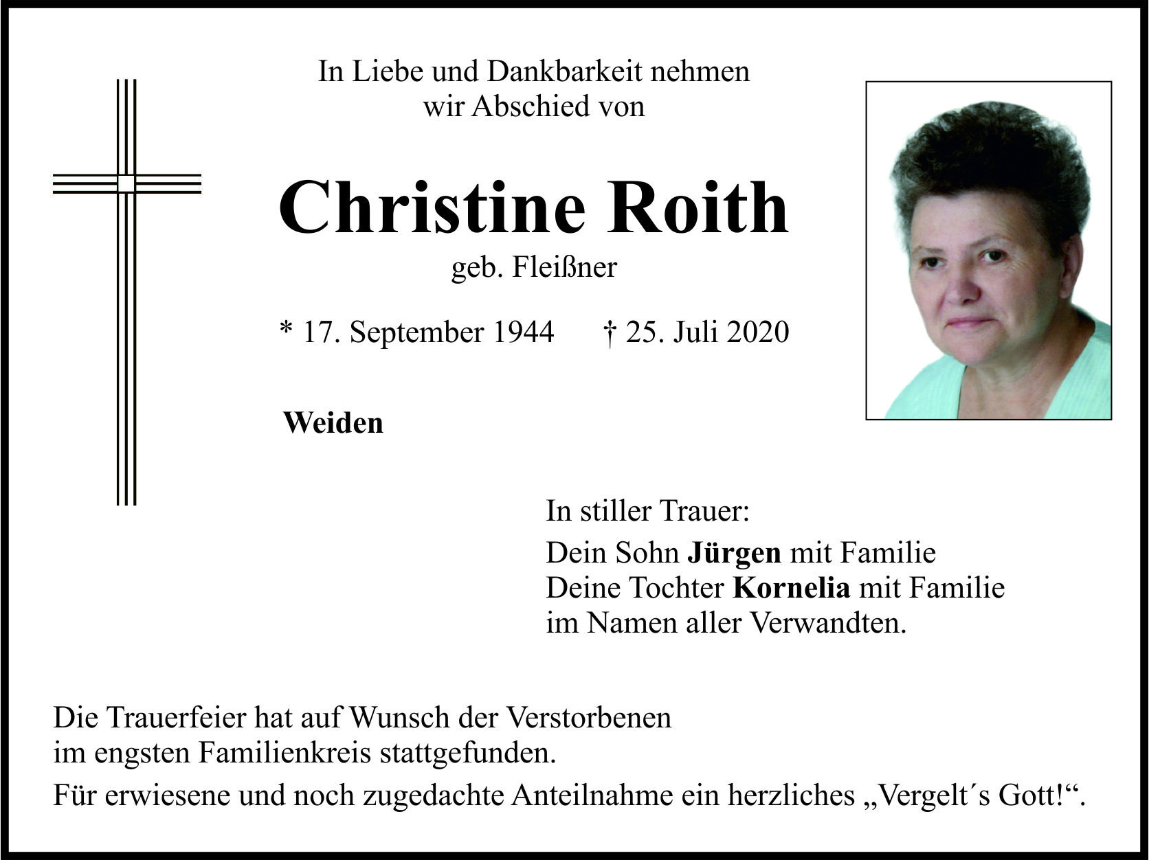 Traueranzeige Christine Roith, Weiden