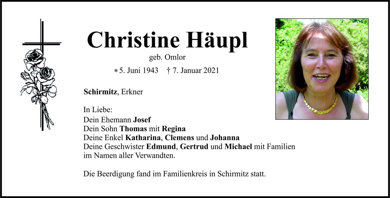Traueranzeige Christine Häupl, Schirmitz