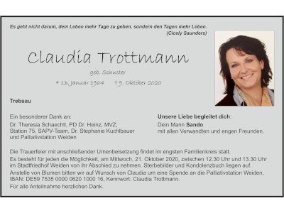 Traueranzeige Claudia Trottmann, Trebsau(1) 400x300