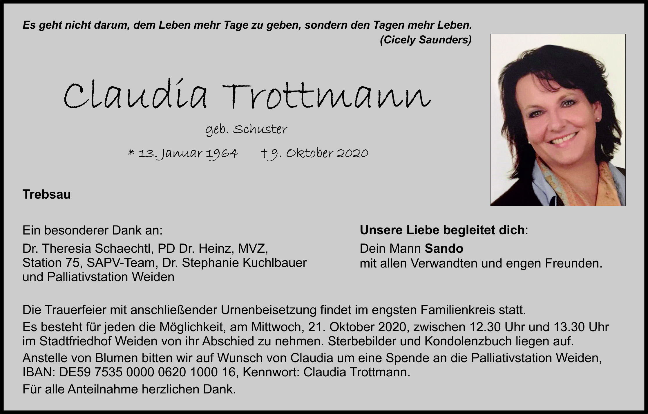 Traueranzeige Claudia Trottmann, Trebsau(1)