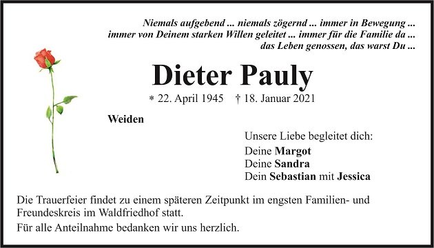 Traueranzeige Dieter Pauly Weiden