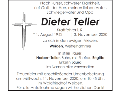 Traueranzeige Dieter Teller, Weiden 400x300