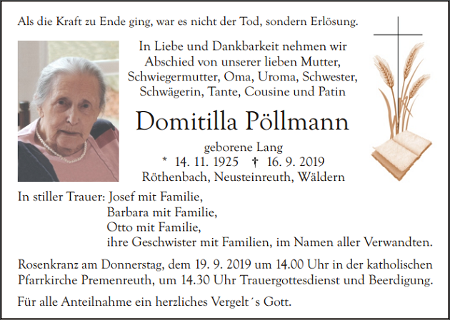 Traueranzeige Domitilla Pöllmann Röthenbach
