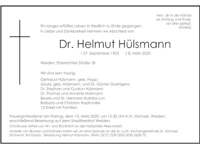 Traueranzeige Dr. Helmut Hülsmann, Weiden 400 300