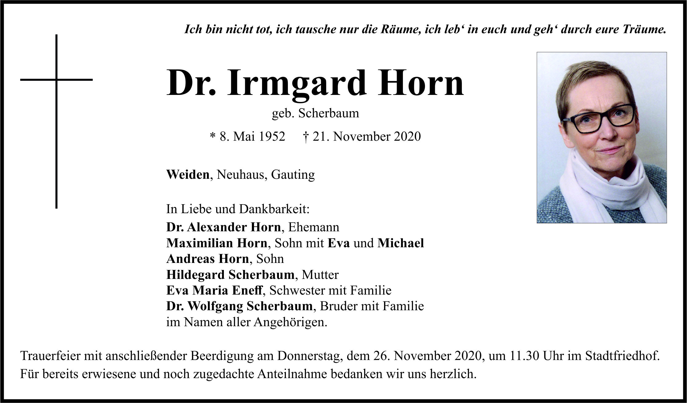Traueranzeige Dr. Irmgard Horn, Weiden