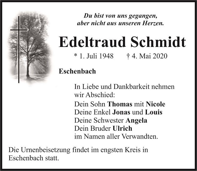 Traueranzeige Edeltraud Schmidt Eschenbach