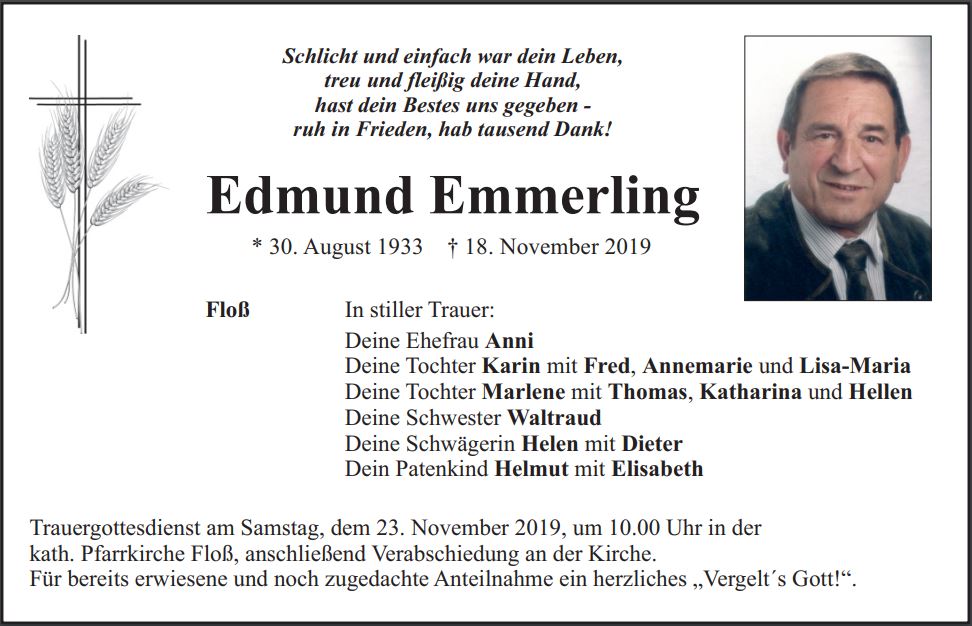 Traueranzeige Edmund Emmerling, Floß