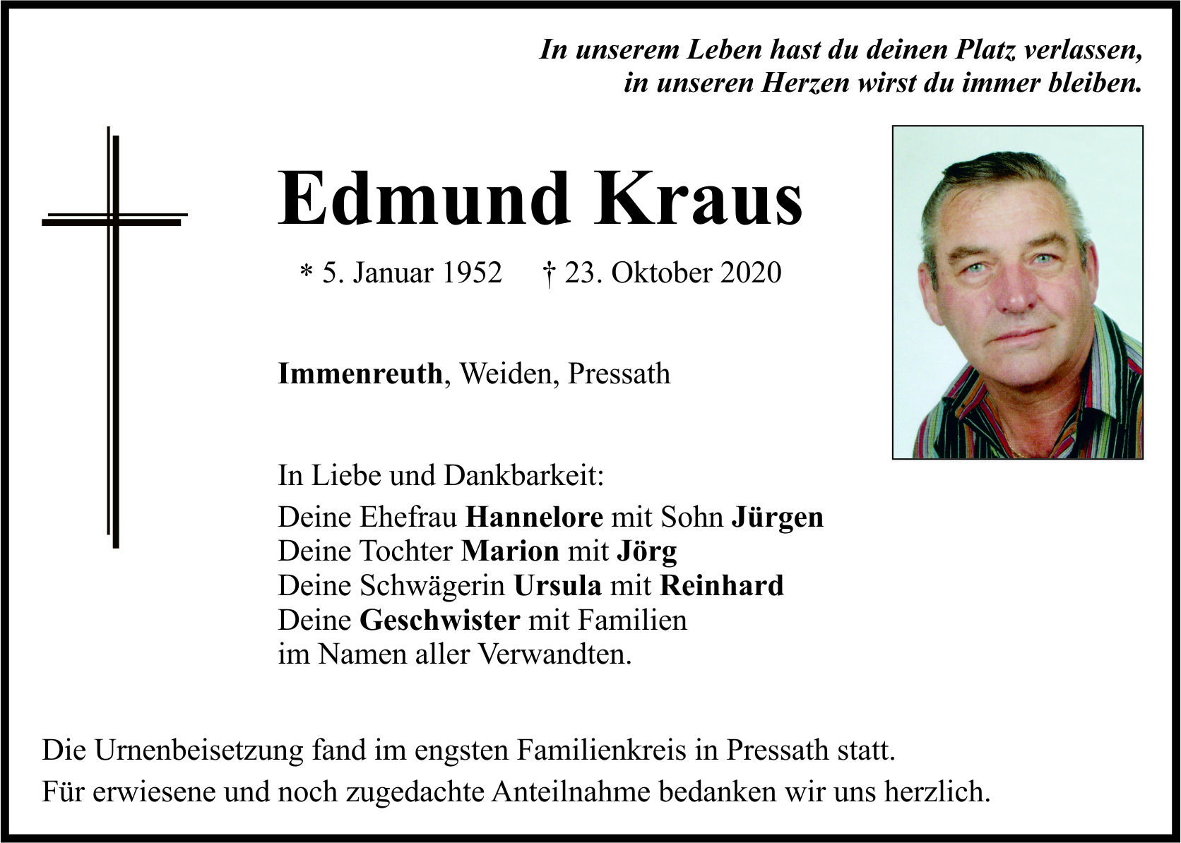 Traueranzeige Edmund Kraus, Immenreuth
