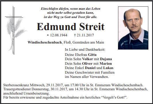 Traueranzeige Edmund Streit Windischeschenbach