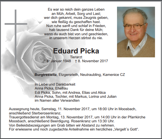 Traueranzeige Eduard Picka, Burgtreswitz
