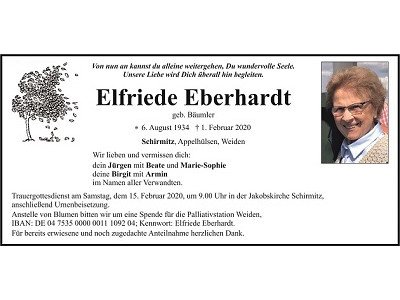 Traueranzeige Elfriede Eberhardt Schirmitz 400x300