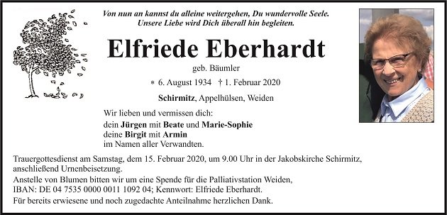 Traueranzeige Elfriede Eberhardt Schirmitz