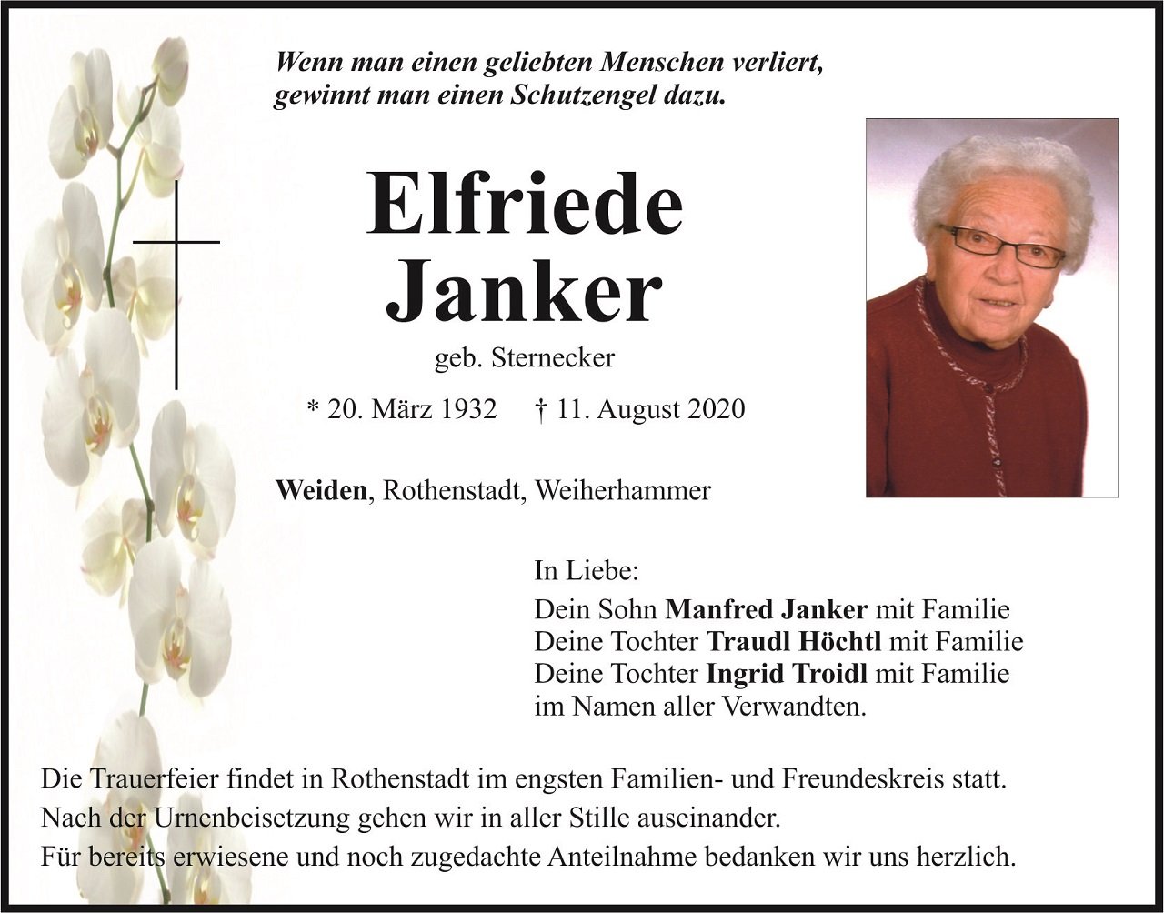 Traueranzeige Elfriede Janker Weiden