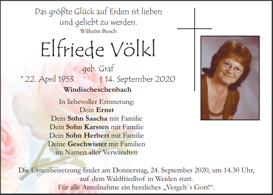 Traueranzeige Elfriede Völkl, Windischeschenbach