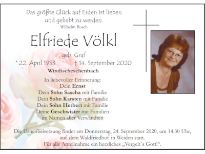Traueranzeige Elfriede Völkl, Windischeschenbach400x300