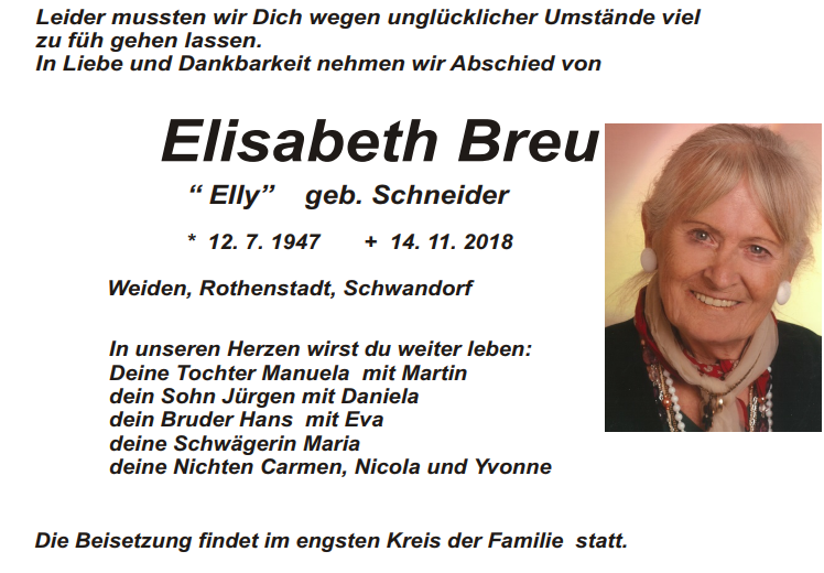 Traueranzeige Elisabeth Breu Weiden