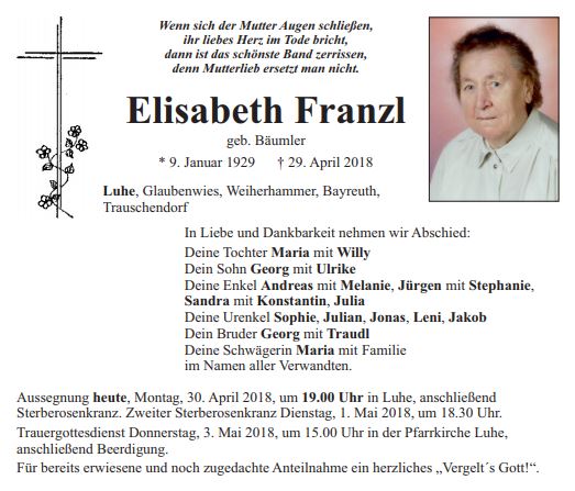 Traueranzeige Elisabeth Franzl Luhe