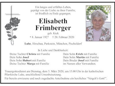 Traueranzeige Elisabeth Frimberger, Luhe-Wildenau 400 300