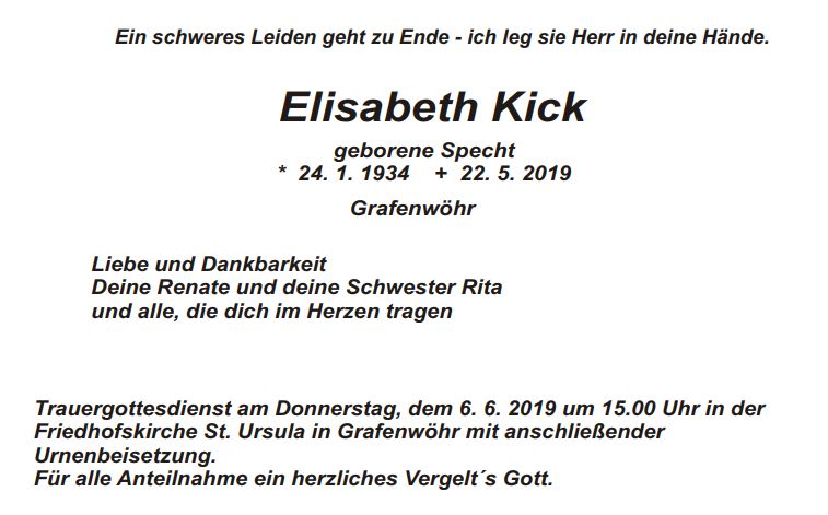 Traueranzeige Elisabeth Kick, Grafenwöhr