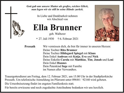 Traueranzeige Ella Brunner Pressath 400x300