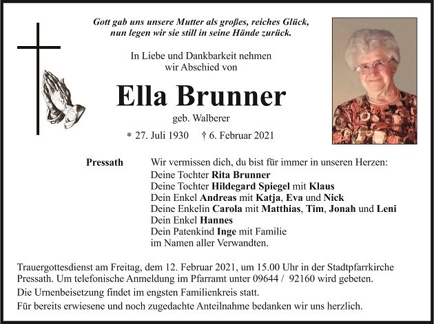 Traueranzeige Ella Brunner Pressath