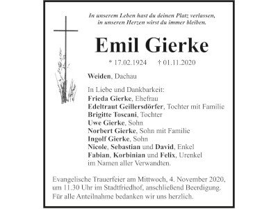 Traueranzeige Emil Gierke, Weiden 400x300