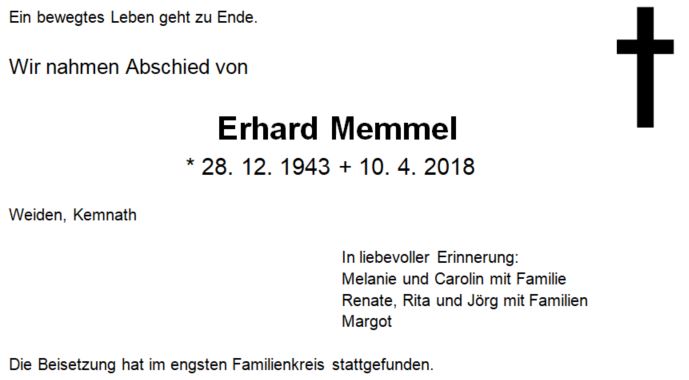 Traueranzeige Erhard Memmel Weiden