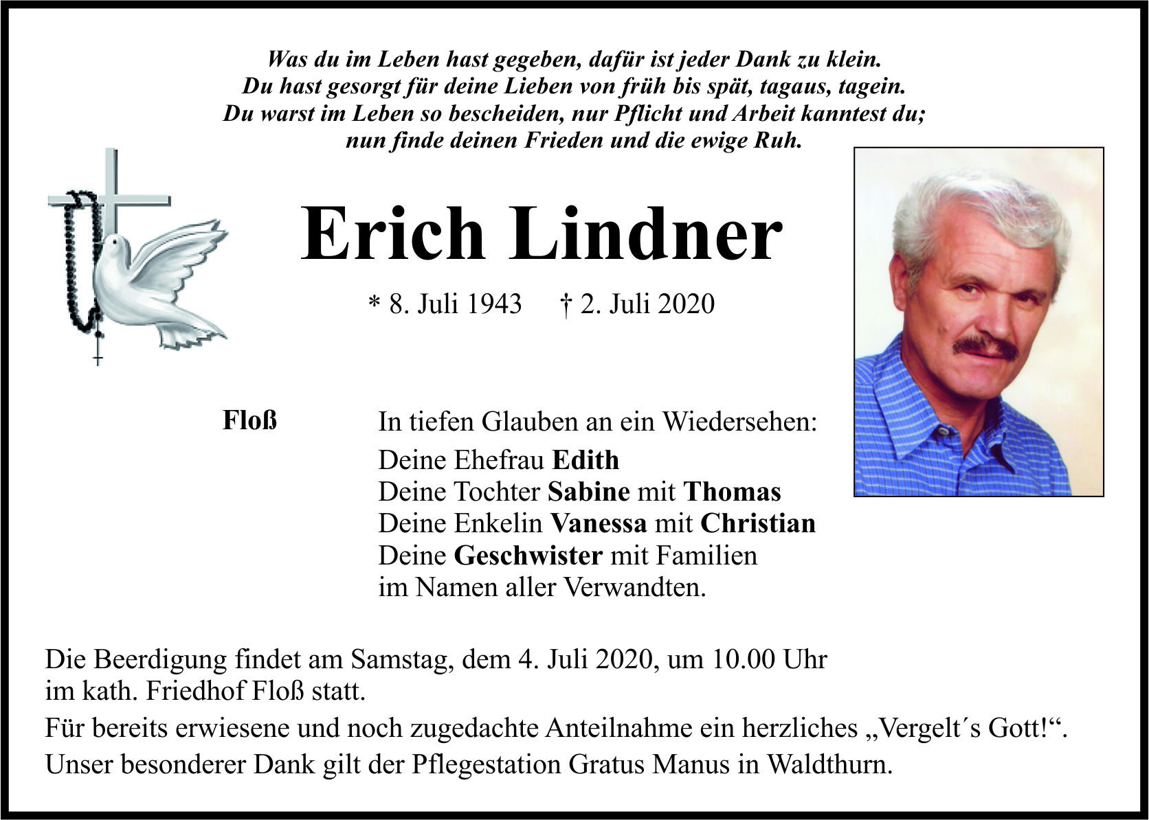 Traueranzeige Erich Lindner