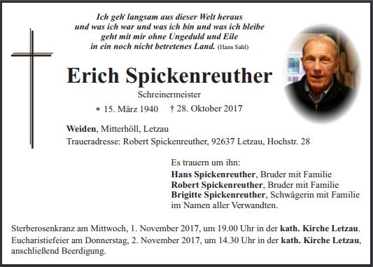Traueranzeige Erich Spickenreuther Weiden