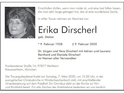 Traueranzeige Erika Dirscherl, Windischeschenbach 400 300