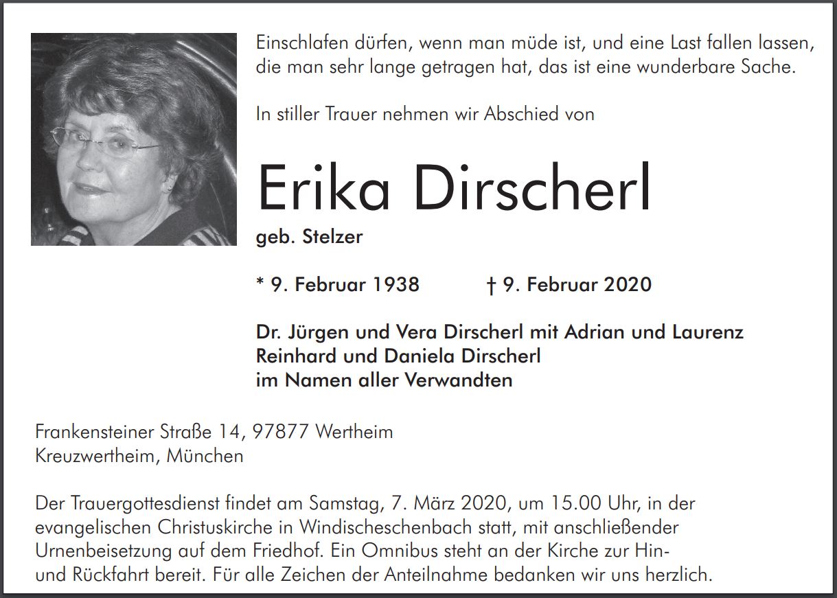 Traueranzeige Erika Dirscherl, Windischeschenbach