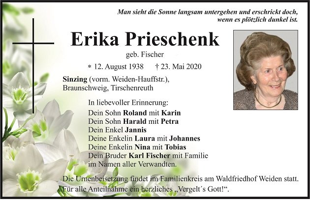 Traueranzeige Erika Prieschenk Sinzing