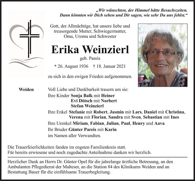 Traueranzeige Erika Weinzierl Weiden.
