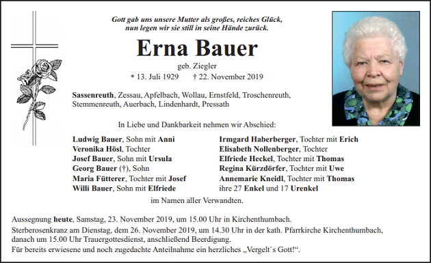 Traueranzeige Erna Bauer Sassenreuth