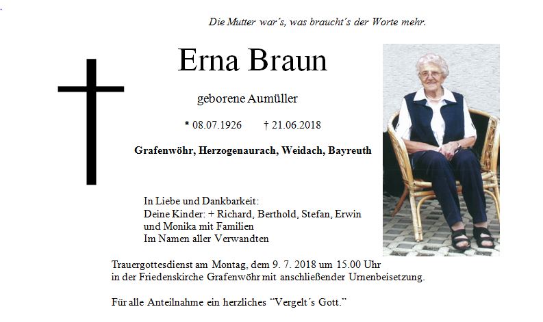 Traueranzeige Erna Braun Grafenwöhr