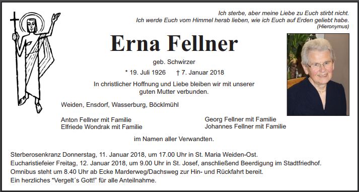 Traueranzeige Erna Fellner Weiden