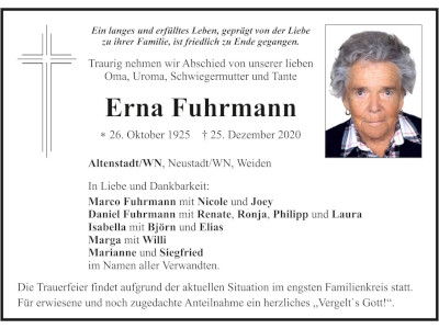 Traueranzeige Erna Fuhrmann, Altenstadt-WN 400x300