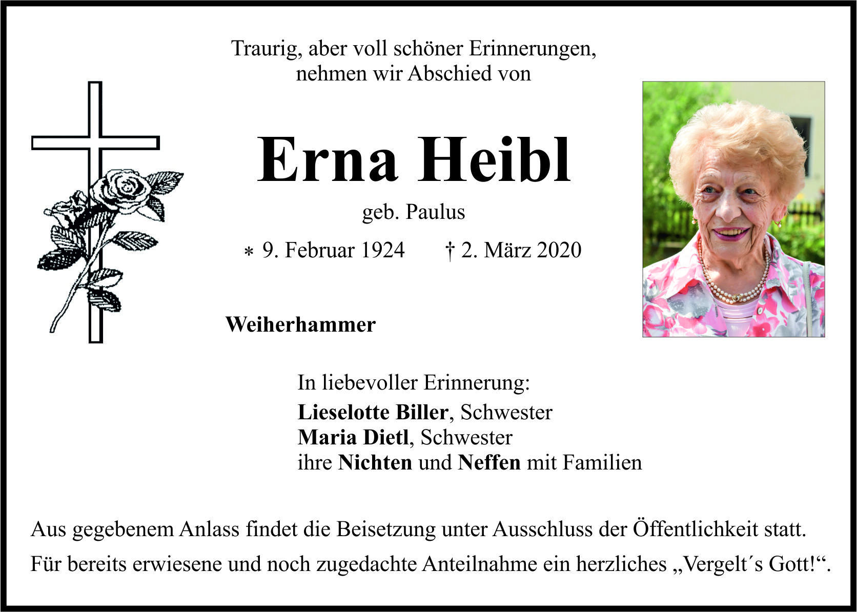 Traueranzeige Erna Heibl, Weiherhammer